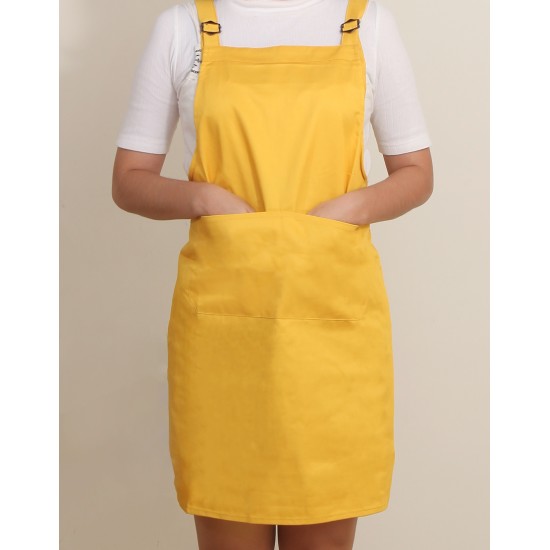 混棉布背帶式二口袋圍裙+雙扣可調 - 黃色